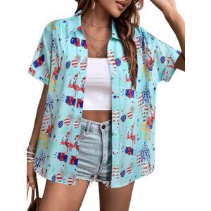 ZXZY Mama Shirt Hawaiian Short Sleeve Blouses Fourth of July Shirts for Women Vneck Tshirts Tops (XL)