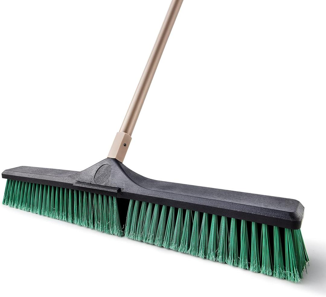 Eyliden Heavy Duty Push Broom 24" - Garage Sweeper Shop Brooms with 66" Long Handle, Outdoor Stiff Bristles Concrete Push Broom for Sidewalk Driveway Yard Patio Deck Warehouse Sweeping, Sweep Snow (Green)