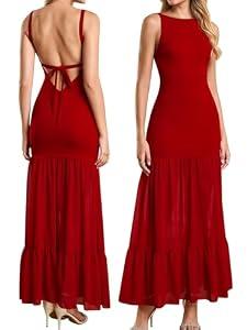 HTZMO Women Elegant Formal Bodycon Maxi Dress Sexy Backless Bow Tie Ruffle Flowy Wedding Guest Party Long Dresses Red XS
