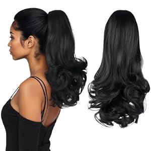 HEWEICSY Ponytail Extension, Clip on Ponytails for Women, 14" Claw Clip in Short Curly Wavy Pony Hair Extension for Women - Natural Black