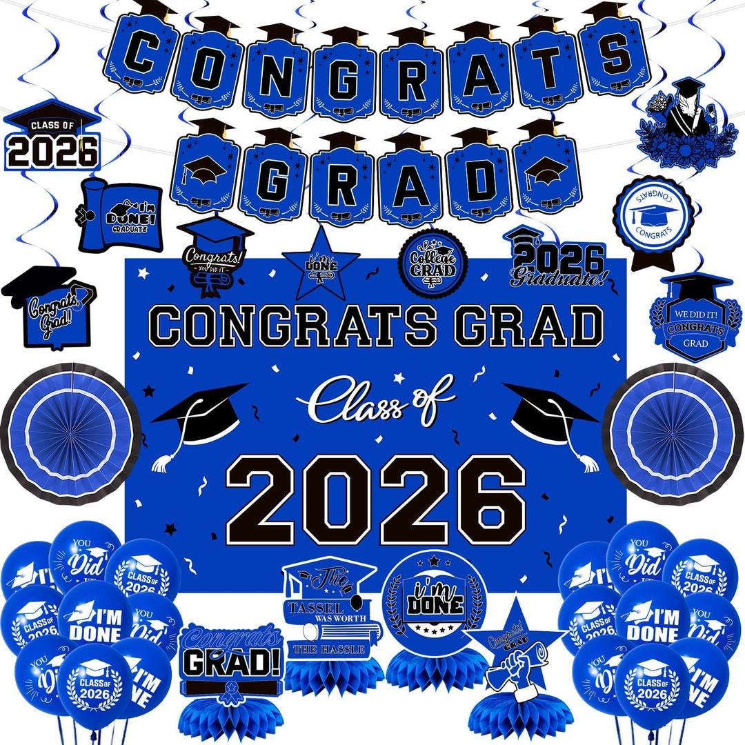 2 x Graduation Decorations 2026 Blue Themed Set, Congrats Grad Banner Class of 2026 Backdrop Balloons and Streamers Kit High School and College Graduation Party Supplies