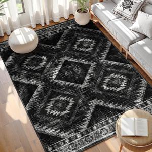 Area Rug 5x7 Rug Machine Washable Non-Slip Low Pile Print Pattern Western Rug for Living Room Bedroom Entryway Tribal Series -Black