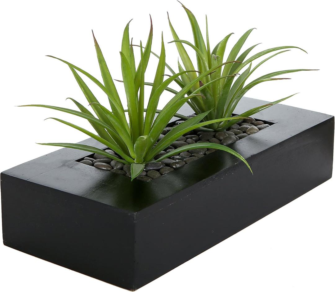 MyGift 10 Inch Fake Grass Artificial Plants in Rectangular Black Wood Planter - Faux Plants Indoor for Tabletop Centerpiece Dcor (9.5 Inch)