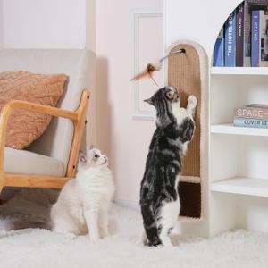 28" Wall Mounted Cat Scratcher for Indoor Cats Vertical Sisal Cat Scratching Board with Self-Grooming Brush & Hanging Toy, Space-Saving Cat Wall Furniture, No-Drill Adhesive or Screw Mount