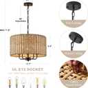 HLMRCHEN 5 Lights Boho Rattan Chandelier with Drum Woven Shade