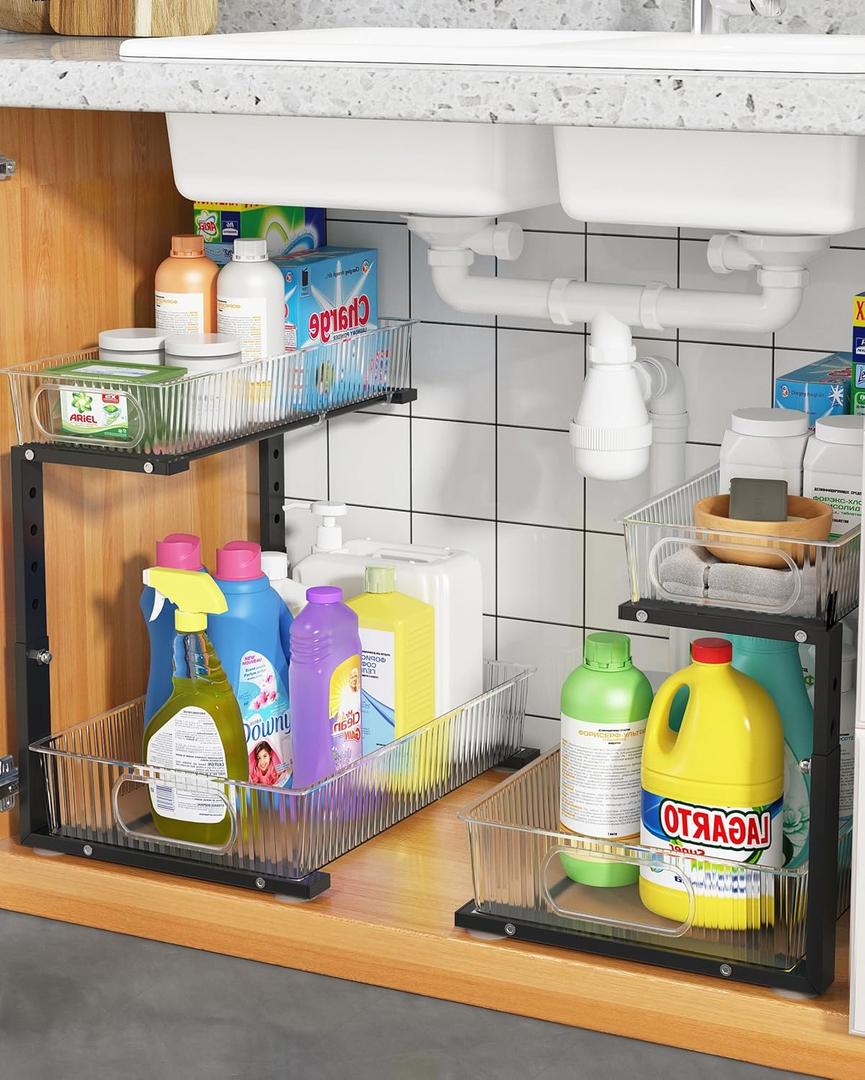 UMDONX Under Sink Organizer 2-Pack Adjustable Bathroom Under Sink Pull-Out Organizer with 5 Adjustable Heights for Kitchen, Bathroom & Laundry Storage