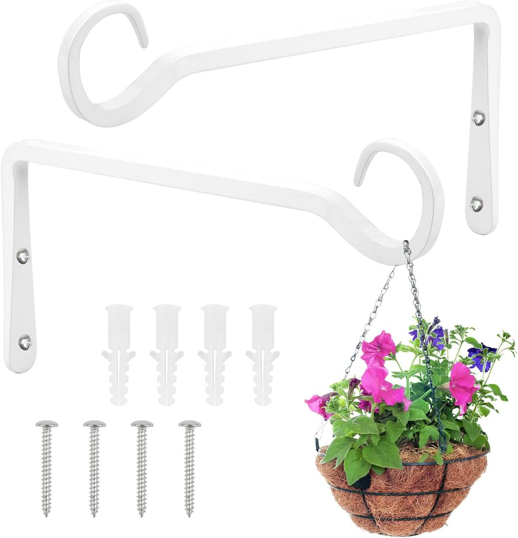 2 Pack Plant Hanger Bracket, 10 Inch Plant Hangers Outdoor, Metal Decorative Plant Wall Hooks for Hanging Plants, Bird Feeder, Flower Basket, Wind Chimes, Lantern, Indoor Outdoor (White)