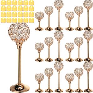 Hushee 42 Pcs Crystal Candle Holders with LED Tea Lights Candles Bulk Decorative 3 Sizes Candlestick Holders for Table Centerpieces, Home Decor, Weddings, and Housewarming Gifts(Gold)