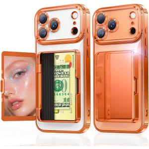 Meifigno for iPhone 17 Pro Wallet Case (Holds 3-4 Cards & Cash), Built-in Mirror & Kickstand, [Surround Raised Lens Protection] for iPhone 17 Pro Case with Card Holder for Women (6.3 inch), Orange