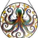 Octopus Stained Glass Window Hanging, 9.8 Sun Catcher Glass Panel Ocean Theme Wall Art Decor with Chain, Birthday Gift for Sons, Daughters, Grandson
