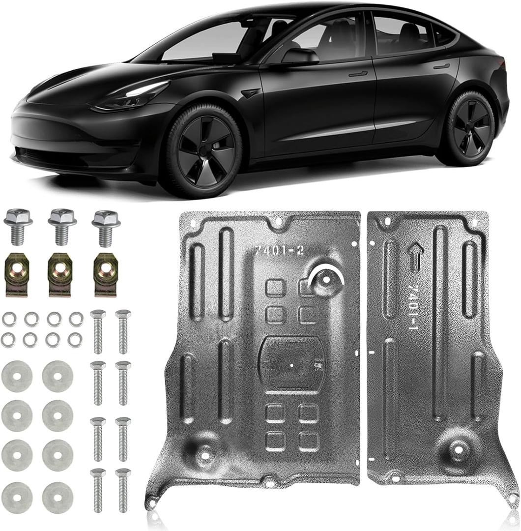 Premium High-Strength Steel Underbody Skid Plate for Tesla Model Y 2020-2025 & Model 3 2017-2025 | Anti-Scratch Anti-Impact Front Guard | Splash Shield | 2-Piece | Exact Fit Motor & Oil Filter
