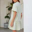 Womens Summer Striped Shirt Dress Short Puff Sleeve Button Down Ruffle Flowy Dress Loose Fit Casual Beach Wear (Green, XL)