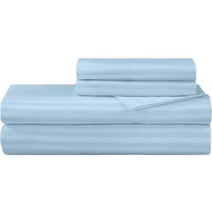 ROYALE LINENS 300 Thread Count 100% Long Staple Combed Cotton Sheet Set - 4 Piece King Bed Sheets - 1 Fitted, 1 Flat & 2 Pillow Cases - Soft Cool & Crisp Sheet Set (King, Stripe Lake Blue)