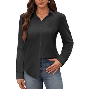 siliteelon Women's Stain Shield Dress Shirts Wrinkle Free Long Sleeve Shirts Solid Work Business Button Down Shirts (XX-Large, Black)