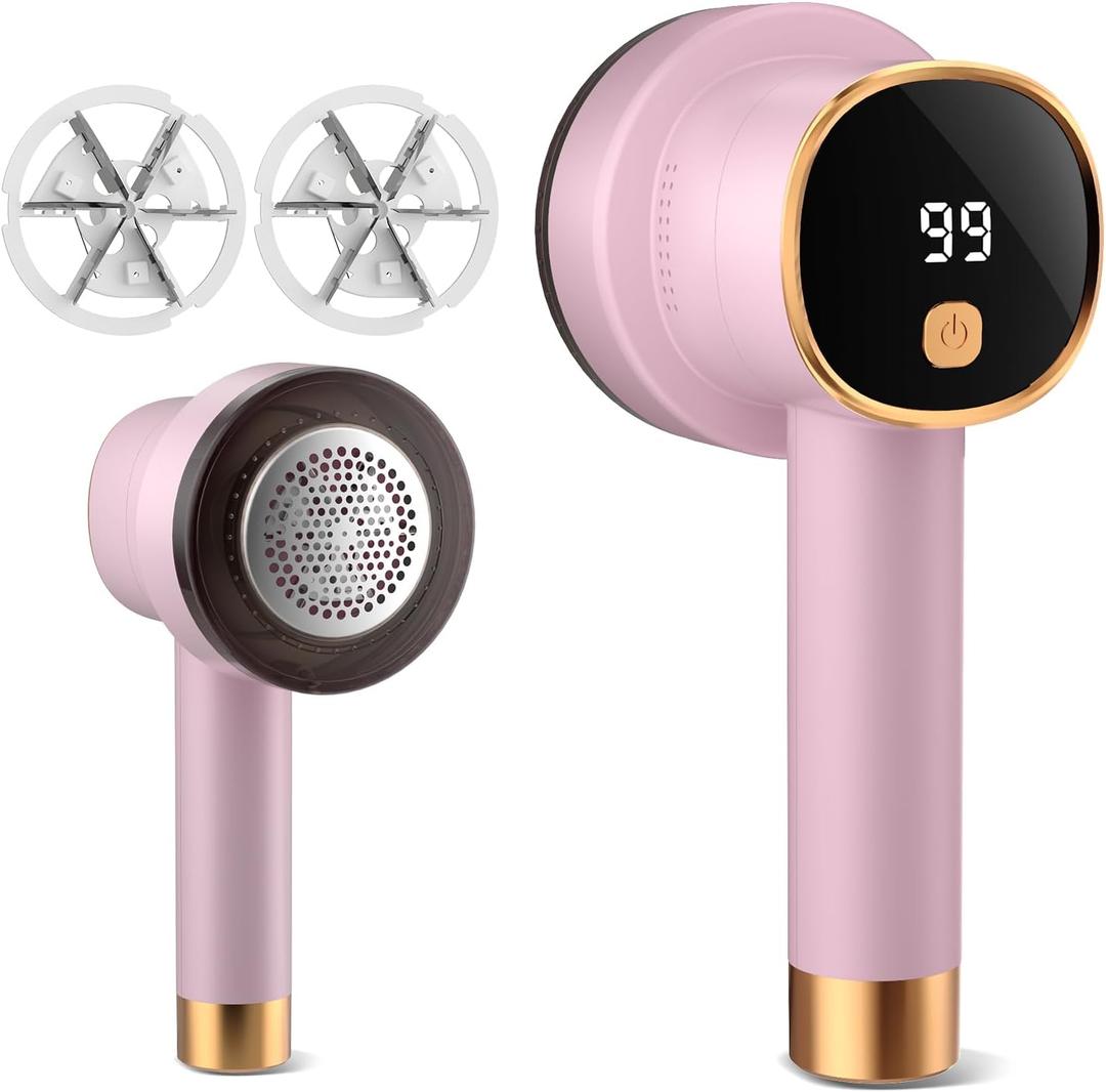 Fabric Shaver, Rechargeable Electric Lint Remover with LED Display, Lint Shaver, 6-Blade, 3-Speed Defuzzer Remove Fuzz, Pills for Clothes, Upholstery, Furniture, Pink