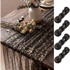 Shihanee 4 Pcs Gauze Table Runners 120 Inch 10 ft Sheer Cheesecloth Table Runner for Wedding Rustic Arch Decor Bridal Shower Baby Shower Banquet Birthday Holiday Decoration (Black Gold)