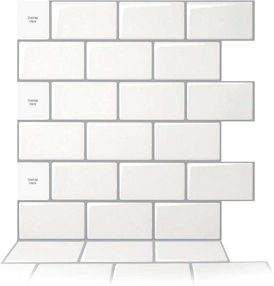 Art3d 10-Sheet Peel and Stick Backsplash, 12 in. x 12 in. Subway 3D Wall Panels, Mono White with Gray Grout
