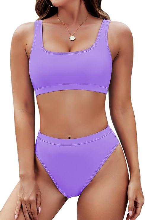 Pink Queen Women's Crop Top High Waisted Cheeky Bikini Set Two Piece Swimsuits Size L (01 - Light Purple)