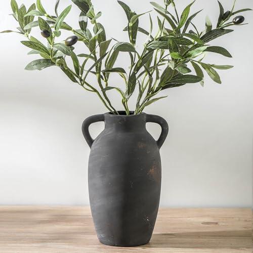 Lyeec Terracotta Farmhouse Flower Vase, 9.6 Inch Ceramic Rustic Vase with 2 Handles, Decorative Vase Boho Decor for Home Decor, Table, Living Room, Shelf Decoration