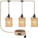 Retisee 3 Lights Hanging Light with Plug in Cord Pendant Lamp 22 ft Hemp Rope Boho Rattan Lamp On/off Switch Farmhouse Hanging Bohemian Decor for Bedroom Living Room Kitchen Hallway Foyer