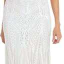 R&M Richards Long Iridescent Sequin Beaded Dress W/V-Neck & Flowing Skirt Ivory/Nude, Size 12
