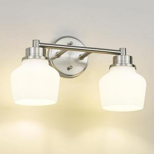 Emak Brushed Nickel Bathroom Light Fixtures, 2-Light Bathroom Vanity Light with Milk Glass Shade, Modern Vanity Lights for Bathroom, Mirror, VL122-BN-ML-2