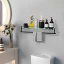 Towel Rack with Tempered Glass Shelf for Bathroom 24 Inch, Matte Black Towel Holder Wall Mount Storage Rustproof SUS304 Stainless Steel Towel Hanger, 24-inch with Railing