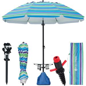 HOMEDEMO 8FT Large Beach Umbrella with Weight Bag & Sand Anchor, Outdoor Umbrellas with Adjustable Aluminum Pole and Table, Heavy Duty Windproof & UPF 50+