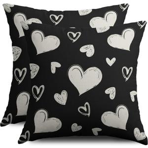 Black Cream White Valentines Pillow Covers 18X18 Set of 2, Valentine's Day Love Heart Print Decorative Throw Pillow Covers Outdoor Farmhouse Holiday Decorations Cushion Case Couch Sofa Bed Decor