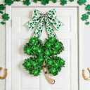 St Patricks Day Shamrock Hanging Decor with Green LED Lights, Irish Clover Lighted Wall Door Decoration for Home Indoor Festival Decor (Green)