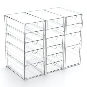 Prsildan Acrylic Drawer Organizer with 15 Drawers, Makeup Craft Office Desk Organizers Accessories, Set of 3 Clear Stackable Storage Drawers for Vanity, Countertop, Jewelry, Art Supply Organization