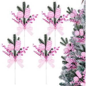 Candy Christmas Tree Picks Set of 4, 15 Inch Peppermint Candy Ornament Sprays with Bow and Greenery, Pink & White Candy Cane Christmas Decorations for Tree, Candyland Holiday Decor