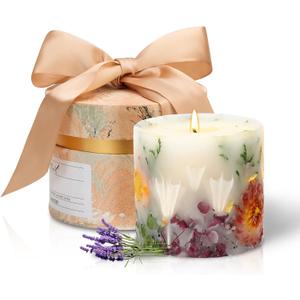 Scented Candles for Women,Burning Natural Soy Wax candles for home scented,Natural Pillar Candle with Dried Flowers - Mothers Day Candle for Mom for Home Decor and Relaxation (Lavender Floral)