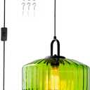 Plug in Pendant Light Green Glass Pendant Lamp Plug in Pendant Light Fixtures Mid Century Modern Hanging Lamp with Cord On/Off Switch Striped Glass Swag Light Dining Room Ceiling Lamp