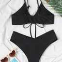 Meetall Women's High Cut String Triangle Bikini Set Swimsuits Sexy Bathing Suits 2 Piece (Black, L)