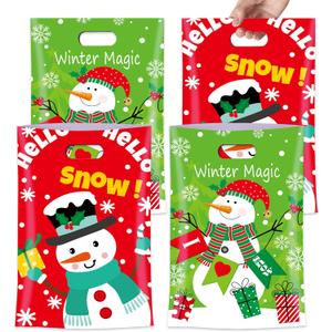 4 x Elanket 40 Pcs Happy Christmas Treat Bags With Handles - Assorted Goodie Bags for Trick-or-Treat, Party Favors - Cute Snowman Designs for Classroom Decorations