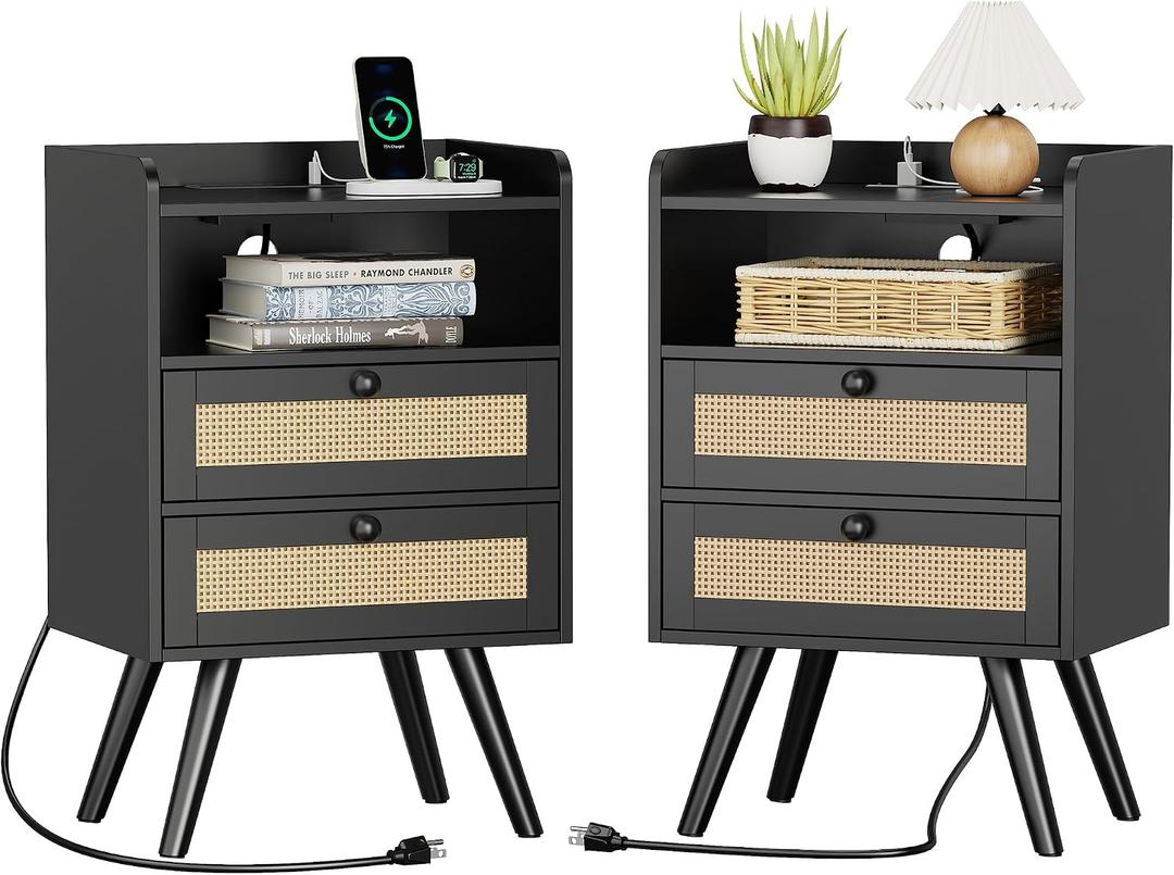 SUPERJARE 2 Drawer Night Stand with Charger Station, Boho Rattan Nightstand Set of 2, 25.2 Inch Tall Bed Side Table with Solid Wood Feet, End Table, Open Storage, Synthetic Rattan, for Bedroom, Black, 11.8"D x 15.8"W x 25.2"H