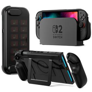 COOWPS P2 Latest Upgrade Dockable Split Protective Case for Nintendo Switch 2, with Ergonomic Grip, Magnetic Ring & Stable Kickstand, Hard Shell Full Protection Travel Front Cover 12 Game Card Slots