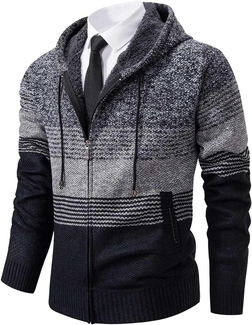 Mylldey Mens Hoodies Knit Sweater, Full Zip Fleece Lined Cardigan Sweaters Casual Regular Fit Knit Hooded Men Sweater Jacket (Large, Darkgray)