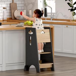 COSYLAND Toddler Standing Tower Adjustable Height - Super Stable Toddler Kitchen Stool Helper with Protive Panel - 3 Levels Adjustable Wooden Kitchen Stool for Kids (Natural & Dark Gray)