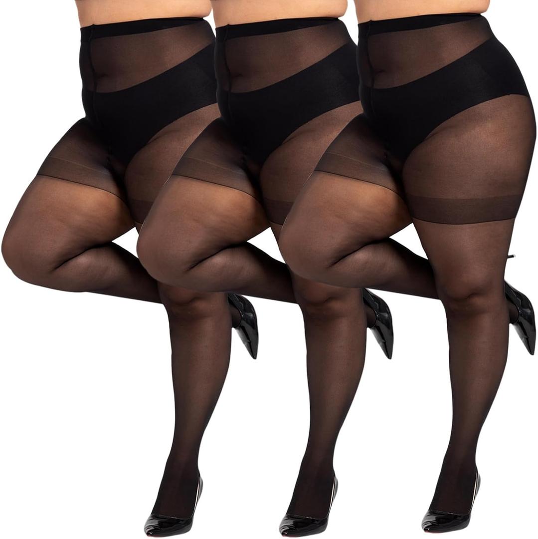 LADYFAN 3 Pairs Plus Size Women’s Sheer Tights 20D High Waist Control Top Pantyhose with Reinforced Toes, XX-Large