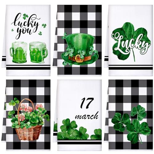 Honoson 6 Pcs St Patrick's Day Kitchen Towels St. Patrick's Day Dish Towels Shamrocks Gnomes Plaid Absorbent Bathroom Set Tea Cloth for Kitchen Home 16 x 24 Inches(Black and White,Lucky Style)