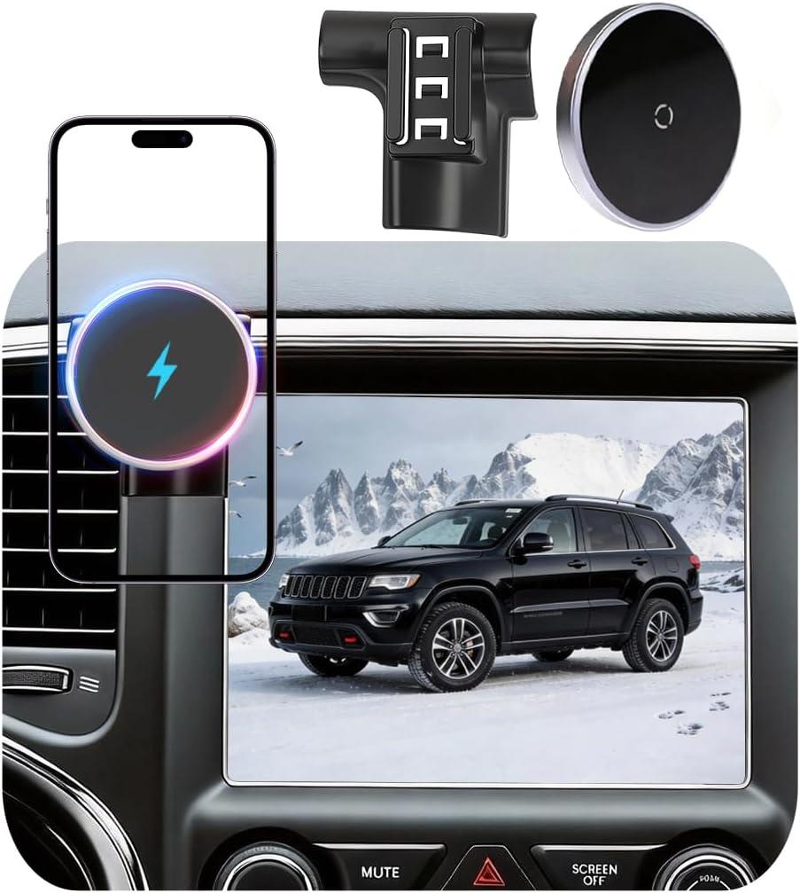 Phone Mount for Jeep Grand Cherokee (2014-2017 2018), Magnetic Phone Holder, Magsafe Car Mount Charger, Dashboard Phone Holder, 15W Wireless Fast Charging for iPhone, Samsung & Google, Car Accessories