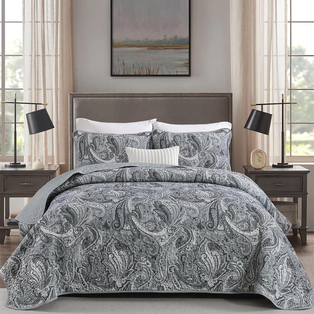 Gray Paisley Quilt Set King Size Boho Bedspread Coverlet Set 3 Pieces, Soft Lightweight Microfiber Vintage Dark Grey Paisley Floral Pattern Bedding for All Season, 110''x90''