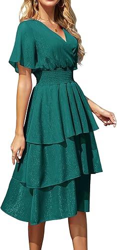 Ruffle Sleeve Wrap V Neck Midi Dresses for Women Causal Summer Smocked Waist Tiered Layered Glitter Chiffon Dress Size S