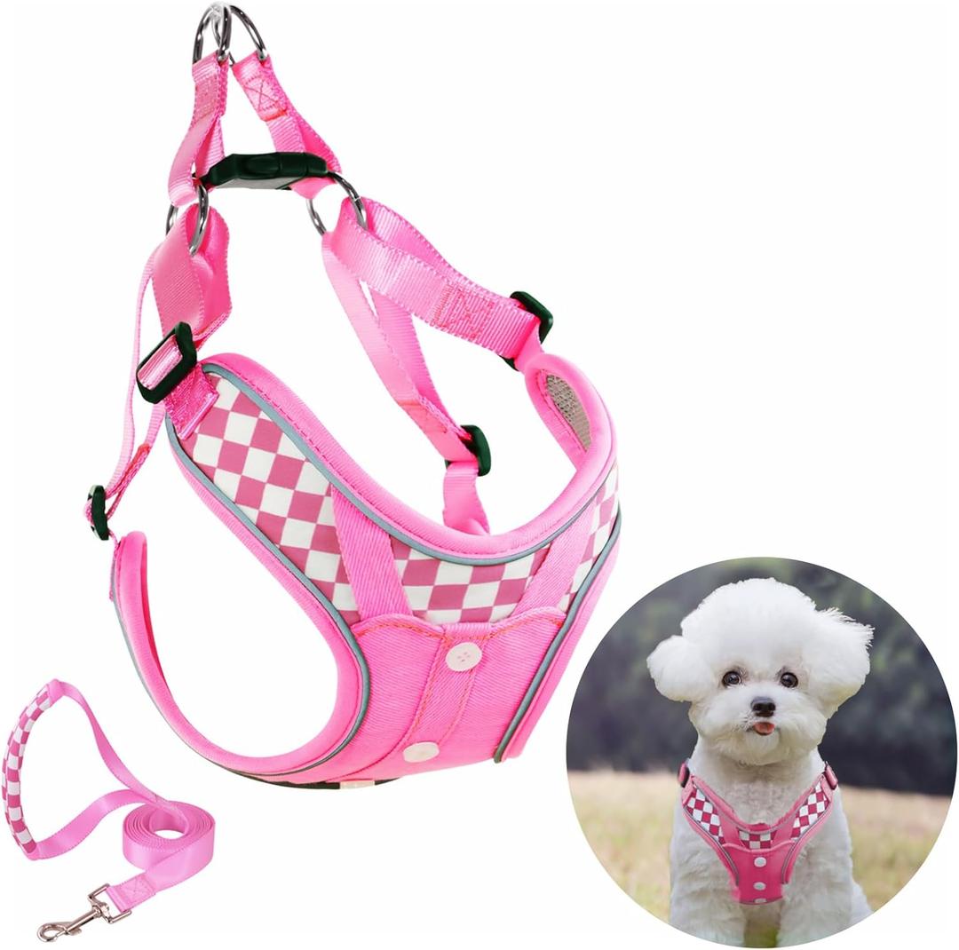Denim French Bulldog Harness with Leash Set, with Breathable Padded Puppy Harness for Small Dogs Training and Walking (S Pink)