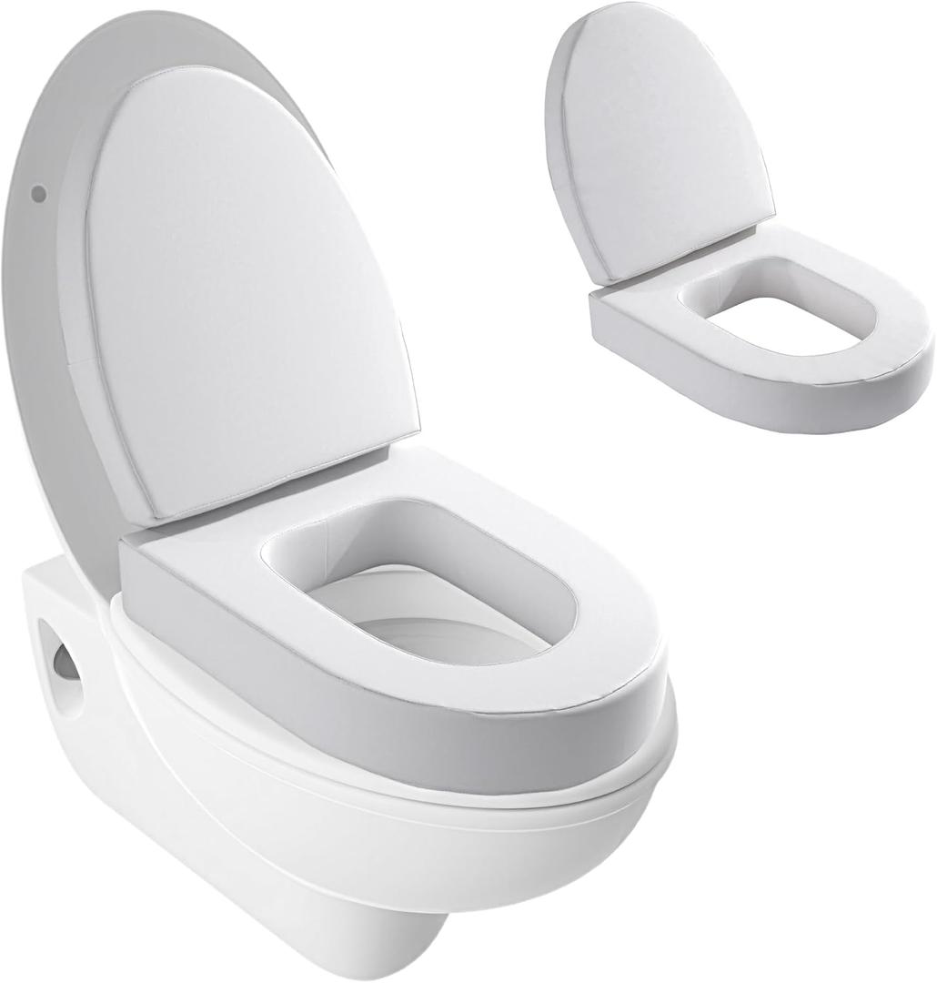 MABOZOO 3-Inch Toilet Seat Cushion with Back Support, Waterproof PU Leather Padded Toilet Seat & Foam Backrest Pad for Elderly, Disabled, Handicap (Universal Fit, White)