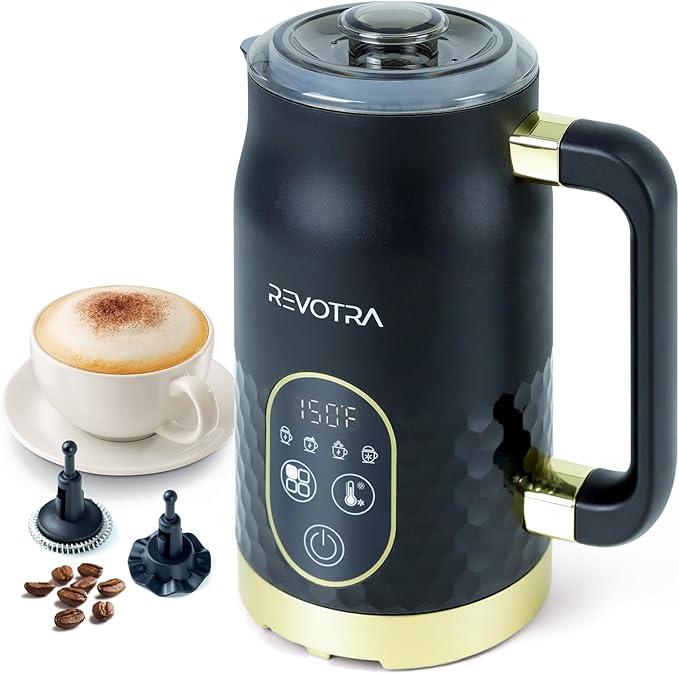 REVOTRA Milk Frother, 4in1 Electric Foam Maker with Touchscreen & Temp Display, Hot & Cold Milk Steamer with NonStick Coating, Silent Operation for Coffee, Latte, Cappuccino, Matcha, Hot Chocolate