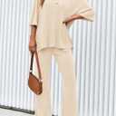 PRETTYGARDEN 2 Piece Lounge Sets for Women Summer 2025 Short Sleeve Tops Wide Leg Pants Matching Travel Outfits Clothing (Beige,X-Small) (XS)