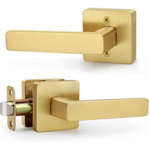 Square Passage Gold Door Handles (No Lock and Key), Non-Locking Heavy-Duty Gold Door Handle for Bathroom and Interior Closet, Satin Brass, 1 Pack